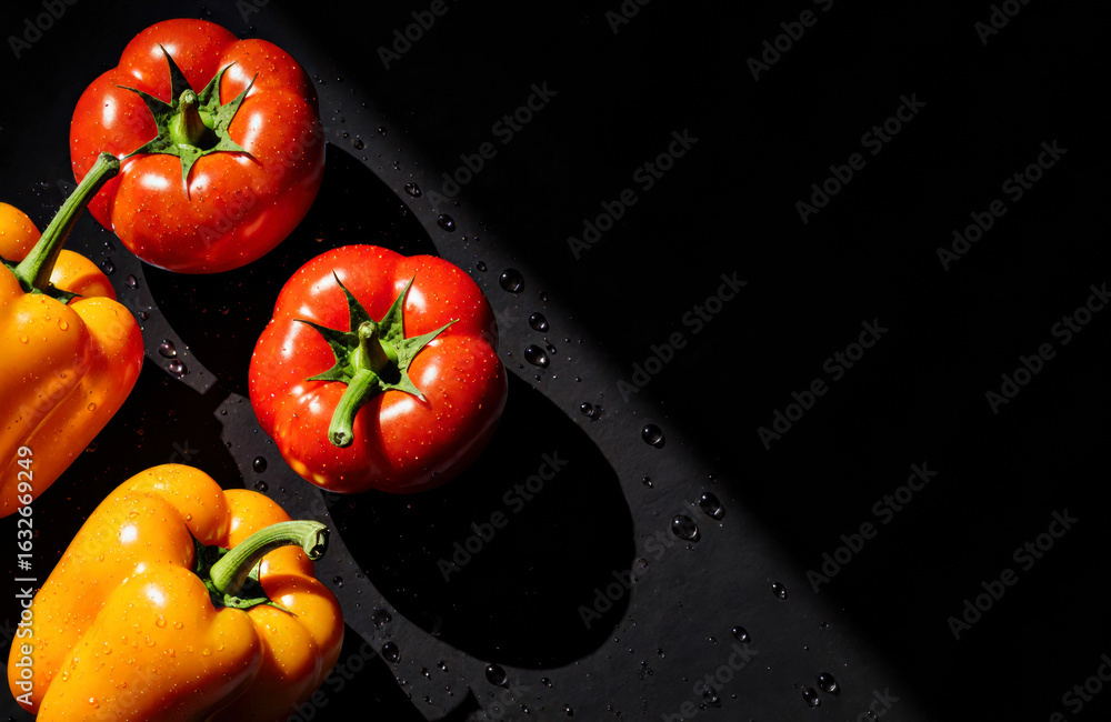 Aufkleber fresh red and yellow bell peppers with water droplets on a dark surface creating contrast and visual