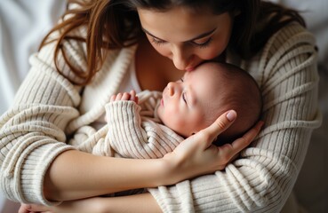Woman holding newborn baby in her arms creating a tender moment