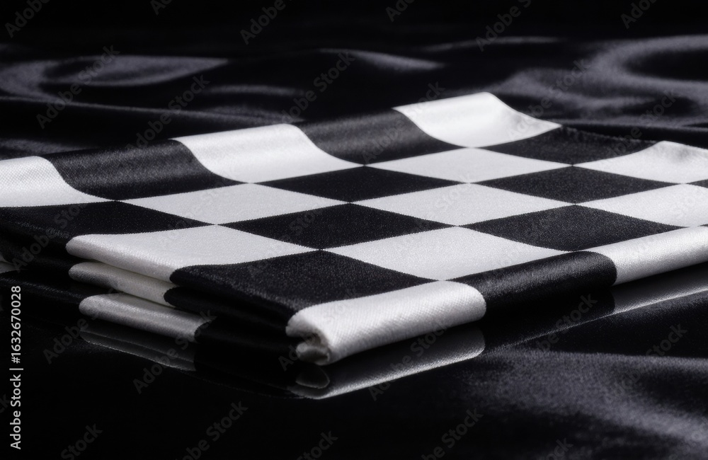 Aufkleber checkerboard pattern fabric folded on dark satin surface with smooth texture and contrasting black a