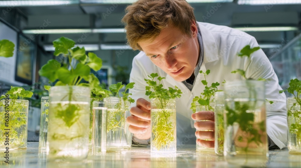 Poster a scientist in a lab coat inspecting a translucent bioreactor examining climatetolerant crop varieti