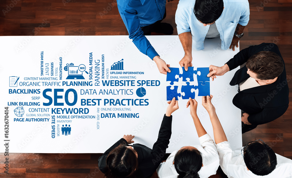 Poster a diverse group of professionals collaborates at a table, focusing on seo best practices and data an