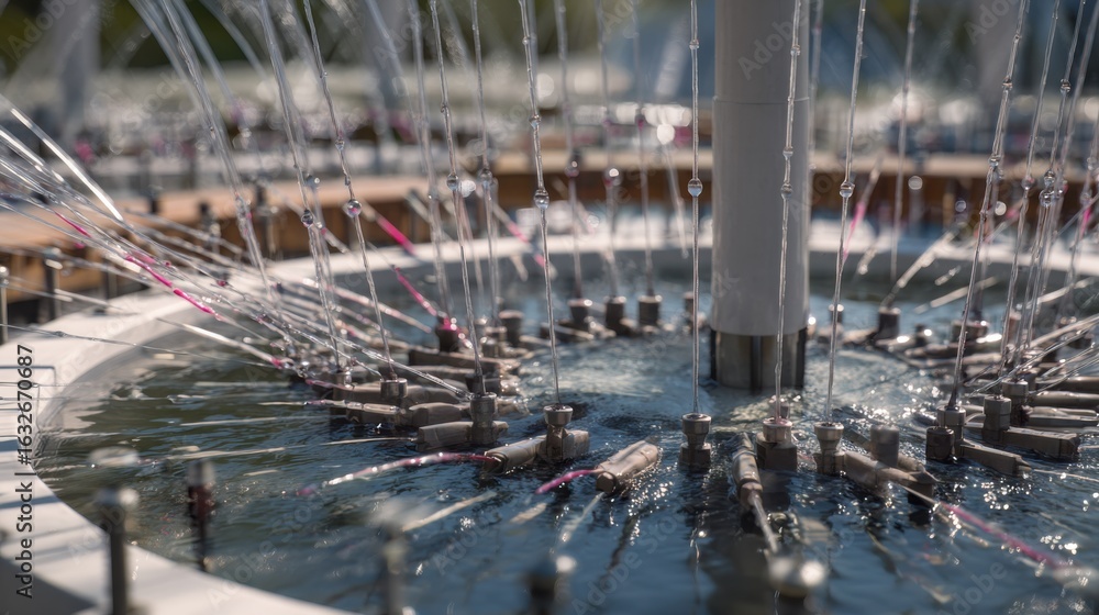 Poster medium shot emphasizing the intricate nozzles of a pulse painting fountain translating live heartbea