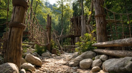 Wooden play structure path in forest