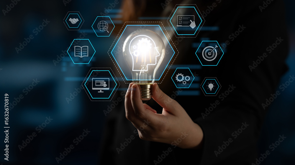 Poster head with gear and icons representing learning, digital training, and development process, showing s