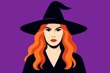 A playful cartoon witch wearing a black hat and dress soars through the moonlit autumn night on her broom, prepared for Halloween enchantment