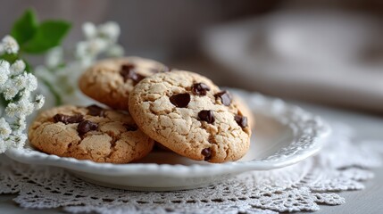 vintage cookie display, freshly baked chocolate chip cookies on a plate over a retro floral tablecloth, styled with vintage grain and natural crumbs