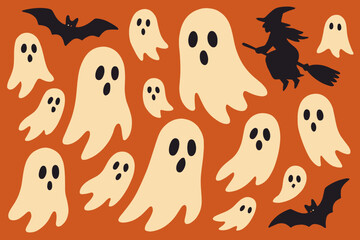 A set of watercolor illustrations featuring cute ghosts and various Halloween characters