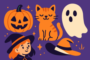 Fototapeta premium A smiling witch with a broom, a spooky jack o' lantern, a black cat on a yellow surfboard, and a friendly ghost are depicted in a whimsical Halloween illustration set against a white background
