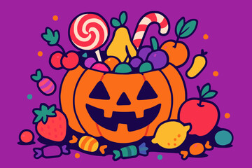 Concept for Halloween holiday featuring a scary pumpkin basket to collect candy on Halloween day