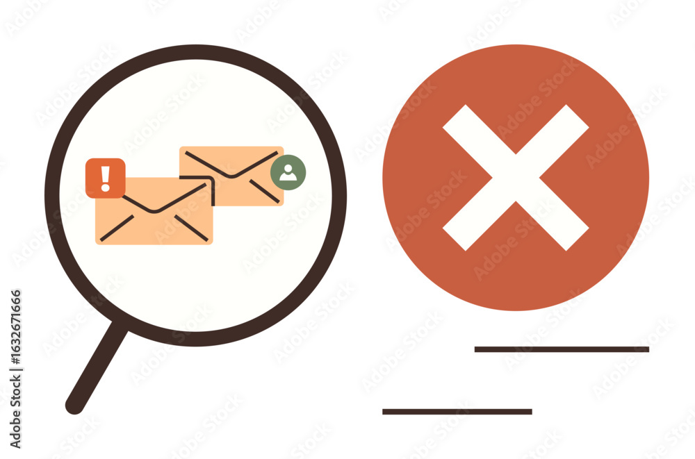 Poster magnifying glass examines email envelopes with alert icons. red cross indicates error or rejection. 