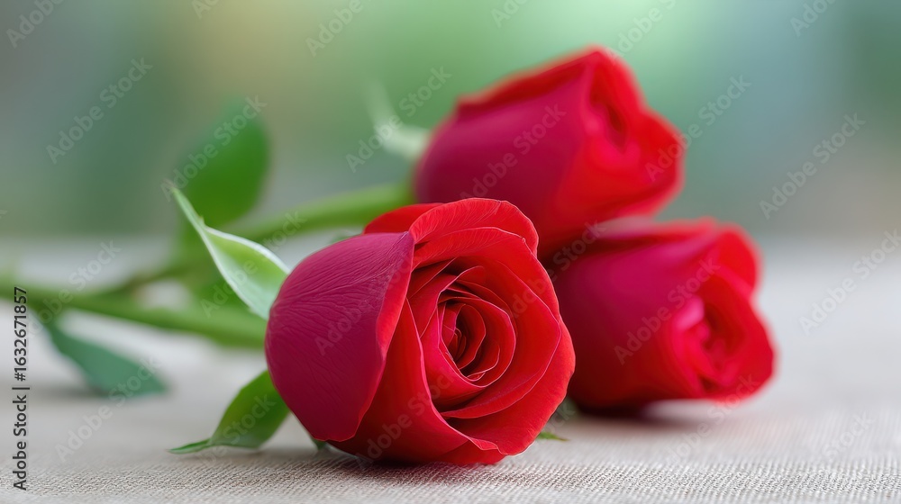 Poster three red roses are arranged in a row on a table
