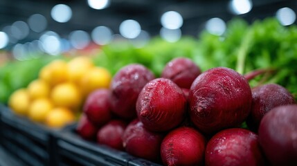 A display of red beets and green vegetables