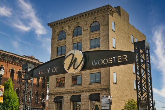 Welcome sign for the city or Wooster Ohio USA 2025. Part of the Downtown Streetscape Project - Phase 1.	