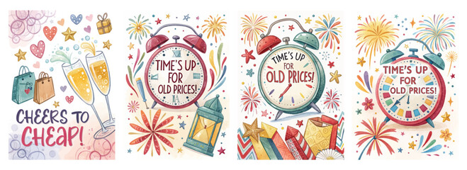 Set of four celebration-themed posters with clocks fireworks and gifts for a sale event