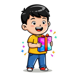 A happy boy excitedly holds a long-awaited book in a gift package