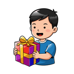 Happy boy holding a colorful gift box with a yellow ribbon  