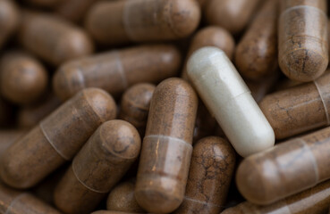 Close up of White Capsule on top of Light Brown Capsules Filled with Natural Supplement Powder