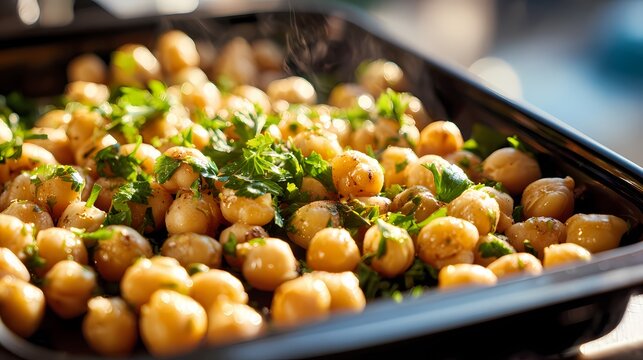 Chickpeas shimmer with herbs in a black tray. Culinary delight! Marketing, food blogs, restaurant menus, editorial use, web design, and cookbook illustration.