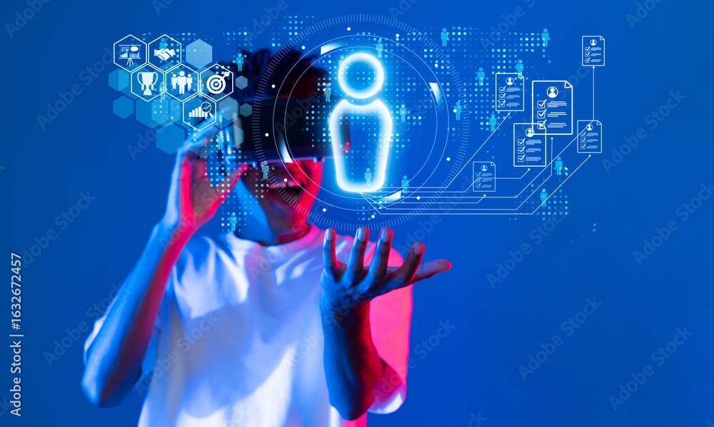 Poster explore the future of human resources with digital tools and data visualizations that enhance recrui