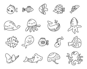 Obraz premium Sea animal character set in outline line art with whale fish, jellyfish, squid, octopus, shark, stingray, eel, underwater aquatic creatures for your creative designs projects