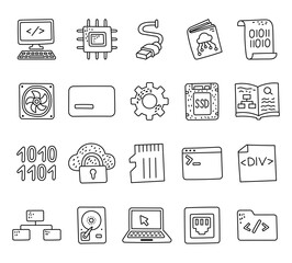 Informatics set in outline line art with diverse computer hardware software devices network storage, binary code, secure folders and essential digital tools for modern coding projects