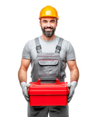 Smiling construction worker holding a red toolbox while wearing a safety helmet and gloves