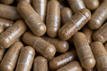 Close up of Light Brown Capsules Filled with Natural Supplement Powder