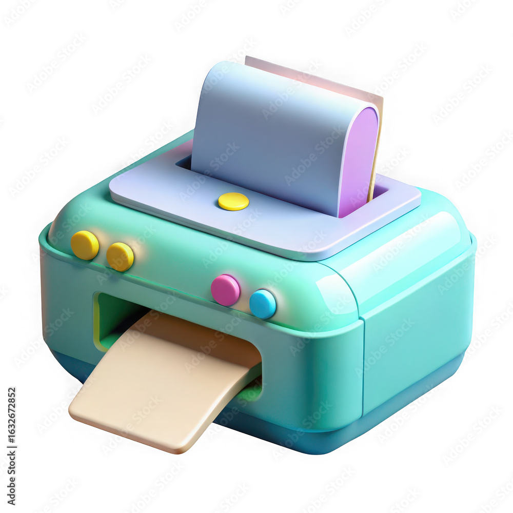 Poster 3d illustration of a cute pastel colored printer illustration for office or home use representing modern technology and document output in a minimal style isolated on transparent background