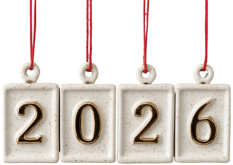 four ceramic gold and white ornaments hanging on red string forming the number 2026