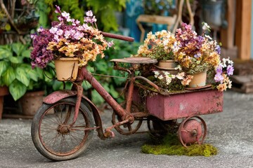 Rusty tricycle decorated with flowers (1)