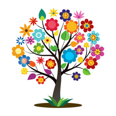 Vector floral tree design illustration with blooming pink flowers and green leaves