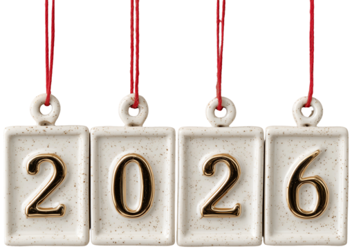 four ceramic gold and white ornaments hanging on red string forming the number 2026