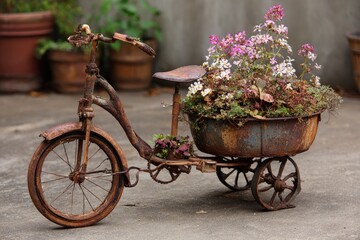 Rusty tricycle planter with flowers