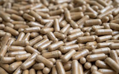 Close up of Light Brown Capsules Filled with Natural Supplement Powder