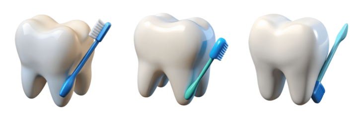 Set for Three teeth being brushed with a toothbrush isolated on transparent background