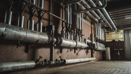 old industrial pipes on the factory wall