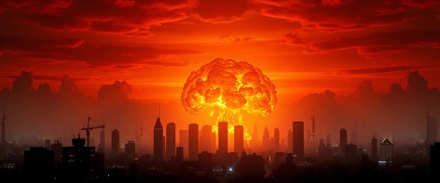 Dramatische Kunstszene einer Atomexplosion mit gewaltiger Pilzwolke &uuml;ber der Silhouette einer Gro&szlig;stadt bei Sonnenuntergang. Science-Fiction-Stimmung mit Endzeit-Flair.