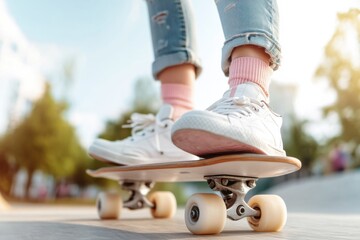 Teenager riding skateboard in skate park during summer day