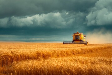 Obraz premium A combine harvester moves through a vast golden wheat field, gathering crops as dark clouds gather overhead. The setting sun casts a warm glow on the scene