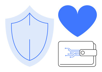 Blue shield, blue heart, and digital wallet with circuit design symbolize protection, trust, and modern financial technology. Ideal for security, fintech, insurance, health trust branding digital