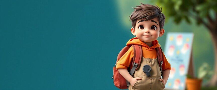S&uuml;&szlig;er 3D-Cartoon-Junge mit Schulrucksack, freundlich l&auml;chelnd &ndash; perfekt f&uuml;r Bildungsprojekte, Kinderb&uuml;cher oder Lernmaterialien.