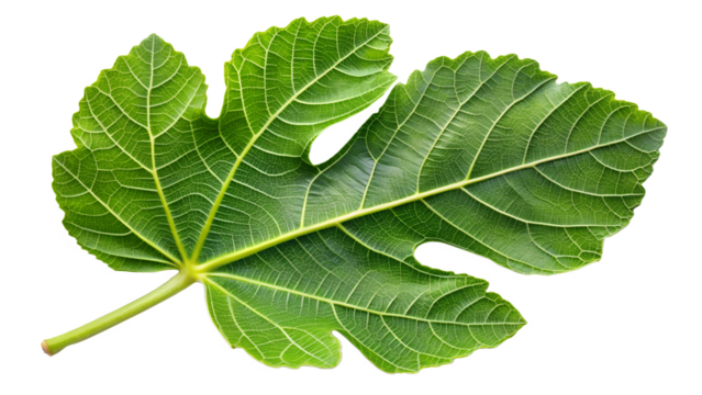 Photo of a single vibrant green fig leaf with intricate veins, isolated on a transparent background, showcasing its natural texture and organic shape