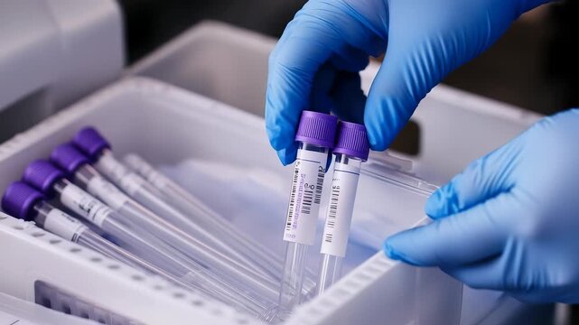 Diligent lab technician manages various blood sample tubes marked with purple caps, ensuring careful handling, strict adherence to safety protocols in professional clinical environment