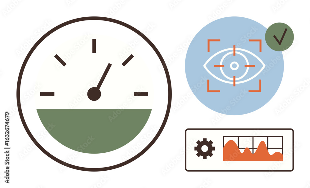 Poster speedometer with green zone, eye icon with target lines, data chart with gear. ideal for performance