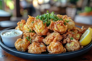 A platter of fried zucchini blossoms, served with a lemon aioli
