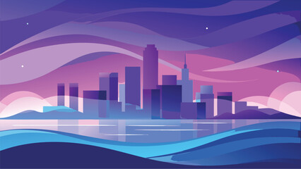 Fototapeta premium Vector art of vibrant city skyline silhouette at dusk with colorful abstract wavy clouds reflected in the water, creating a modern and atmospheric urban landscape