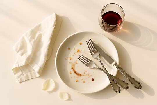 After dinner scene featuring a plate with leftover food, silverware, and a glass of red wine