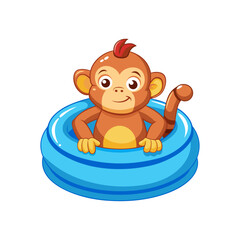 Relaxed Monkey Floating in Inflatable Pool Vector – Fun Summer Animal Illustration in Minimalist Style with Clean White Background