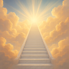 Ethereal stairway to heaven concept with glowing sunlight and surreal golden clouds symbolizing hope, faith and transcendence