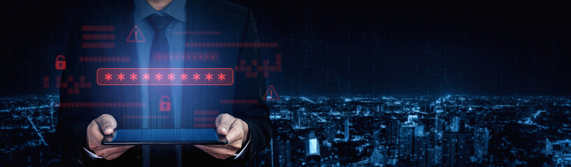 Password security breach warning with red asterisk box, cybersecurity alert, lock icons, and...